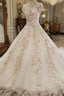 Beautiful Ivory High Neckline Tulle With Flower Lace Prom Dress, Ivory Wedding Dresses