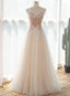 Beautiful Ivory V-Neckline Floor Length Tulle Prom Dress, Beaded Formal Dress Evening Dress