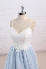 Beautiful Light Blue Tulle And White Top Long Wedding Party Gowns, Straps Junior Prom Dresses