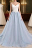 Beautiful Light Blue Tulle And White Top Long Wedding Prom Gown, Straps Junior Prom Dresses