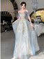 Beautiful Light Blue V-Neckline Long Lace Applique Prom Dresses, Blue Prom Gowns