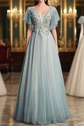 Beautiful Light Green Tulle Long Party Dresses, Green Lace Low Back Prom Dresses Evening Dresses