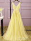 Beautiful Light Yellow Tulle Long Party Dress, A-Line Prom Dress Evening Gowns