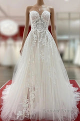 Beautiful Long A-line Strapless Tulle Ivory Wedding Dresses with Appliques Lace