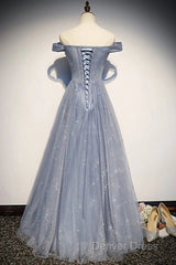 Beautiful Long Strapless Blue Tulle Beaded Long, A Line Off Shoulder Prom Dresses