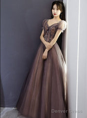Beautiful Long Tulle Short Sleeves Beaded Junior Prom Dress, A-Line Evening Dresses