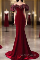 Beautiful Mermaid Off The Shoulder Long Red Prom Dresses