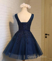 Beautiful Navy Blue Knee Length Homecoming Dresses, V-Neckline Short Formal Dresses