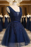 Beautiful Navy Blue Knee Length Homecoming Dress, V-Neckline Short Prom Dresses