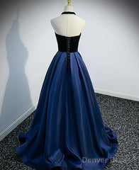 Beautiful Navy Blue Satin Halter Long Party Dress, Satin With Velvet Prom Dress