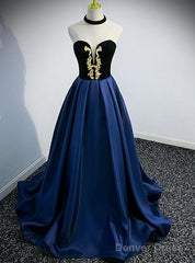 Beautiful Navy Blue Satin Halter Long Party Dress, Satin With Velvet Prom Dress