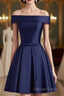 Beautiful Navy Blue Satin Knee Length Homecoming Dresses, Blue Short Prom Dresses