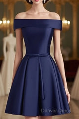 Beautiful Navy Blue Satin Knee Length Homecoming Dresses, Blue Short Prom Dresses