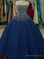 Beautiful Navy Blue Sparkle Long Prom Gowns , Handmade Beaded Prom Gown