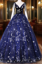 Beautiful Navy Blue Tulle Long Prom Dresses, Spaghetti Straps Lace Flower Backless Formal Dresses