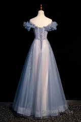 Beautiful Off Shoulder Puffy Sleeves Beaded Party Dresses Prom Dresses, Blue Evening Gown