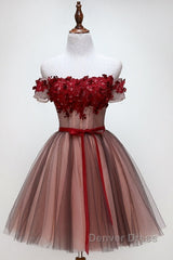 Beautiful Off Shoulder Tulle Knee Length Party Dresses , Red Homecoming Dresses With Applique