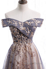 Beautiful Off Shoulder Tulle With Lace Long Evening Gown, Floor Length Prom Dresses