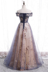 Beautiful Off Shoulder Tulle With Lace Long Evening Gown, Floor Length Prom Dresses