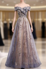 Beautiful Off Shoulder Tulle With Lace Long Evening Gown, Floor Length Prom Dresses