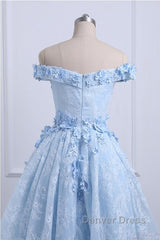 Beautiful Off The Shoulder Blue Prom Dresses Lace Applique, High Low Prom Dresses