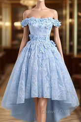 Beautiful Off The Shoulder Blue Prom Dresses Lace Applique, High Low Prom Dresses