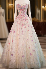 Beautiful Pink Beaded Flowers A-Line Strapless Long Prom Dresses Gorgeous Formal Evening Dresses