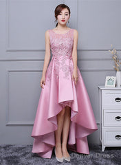 Beautiful Pink High Low Satin And Lace Homecoming Dress, Cute Short Prom Dress
