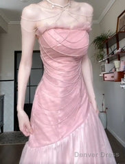 Beautiful Pink Strapless A-Line Tulle Sequined Long Ball Dress Birthday Evening Dress