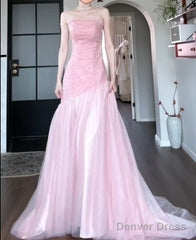 Beautiful Pink Strapless A-Line Tulle Sequined Long Ball Dress Birthday Evening Dress