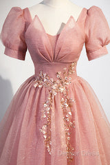 Beautiful Pink Tulle Floor Length Prom Dresses, Cute Short Sleeve Evening Dresses