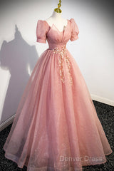 Beautiful Pink Tulle Floor Length Prom Dresses, Cute Short Sleeve Evening Dresses