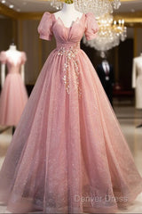 Beautiful Pink Tulle Floor Length Prom Dresses, Cute Short Sleeve Evening Dresses