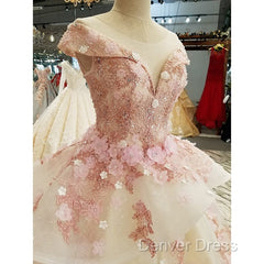 Beautiful Pink Tulle With Flowers And Beaded Long Party Dresses, Pink Sweet 16 Gown