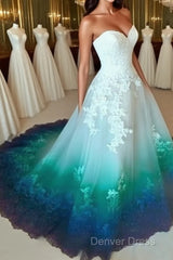 Beautiful Prom Dresses A-Line Sweetheart Ombre Lace Elegant Long Prom Dresses