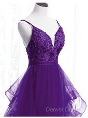 Beautiful Purple Tulle Layers With Lace Long Evening Dresses, Purple Prom Dresses Party Dresses
