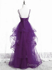 Beautiful Purple Tulle Layers With Lace Long Evening Dresses, Purple Prom Dresses Party Dresses