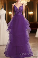 Beautiful Purple Tulle Layers With Lace Long Evening Dresses, Purple Prom Dresses Party Dresses