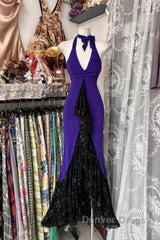 Beautiful Purple V-Neck Lace Mermaid Long Prom Dresses Backless Birthday Party Dresses