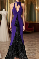 Beautiful Purple V-Neck Lace Mermaid Long Prom Dresses Backless Birthday Party Dresses