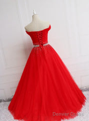 Beautiful Red Tulle Off Shoulder Long Formal Gown , Red Sweet 16 Dresses