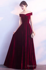 Beautiful Red Velvet Prom Dress , Long Off Shoulder Bridesmaid Dress