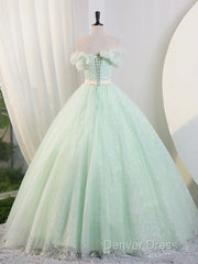 Beautiful Sage Green Tulle Floor Length Prom Dresses, A-Line Off The Shoulder Evening Part Dresses