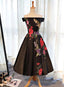 Beautiful Satin Black Tea Length Prom Dress, Floral Black Prom Dresses