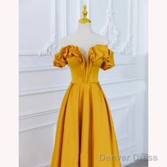 Beautiful Satin Dark Yellow Off Shoulder Party Dress, A-Line Satin Prom Dress