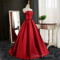 Beautiful Satin Scoop Floor Length Ball Prom Dresses , Dark Red Sweet 16 Gown