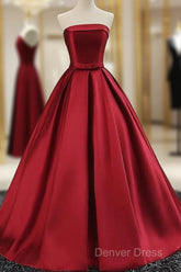 Beautiful Satin Scoop Floor Length Ball Prom Dresses , Dark Red Sweet 16 Gown