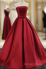 Beautiful Satin Scoop Floor Length Ball Prom Dresses , Dark Red Sweet 16 Gown