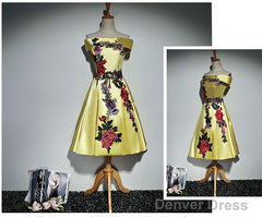 Beautiful Satin Short Flower Off Shoulder Bridesmaid Dress, Cute Homecoming Dress