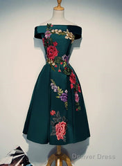 Beautiful Satin Short Flower Off Shoulder Bridesmaid Dress, Cute Homecoming Dress